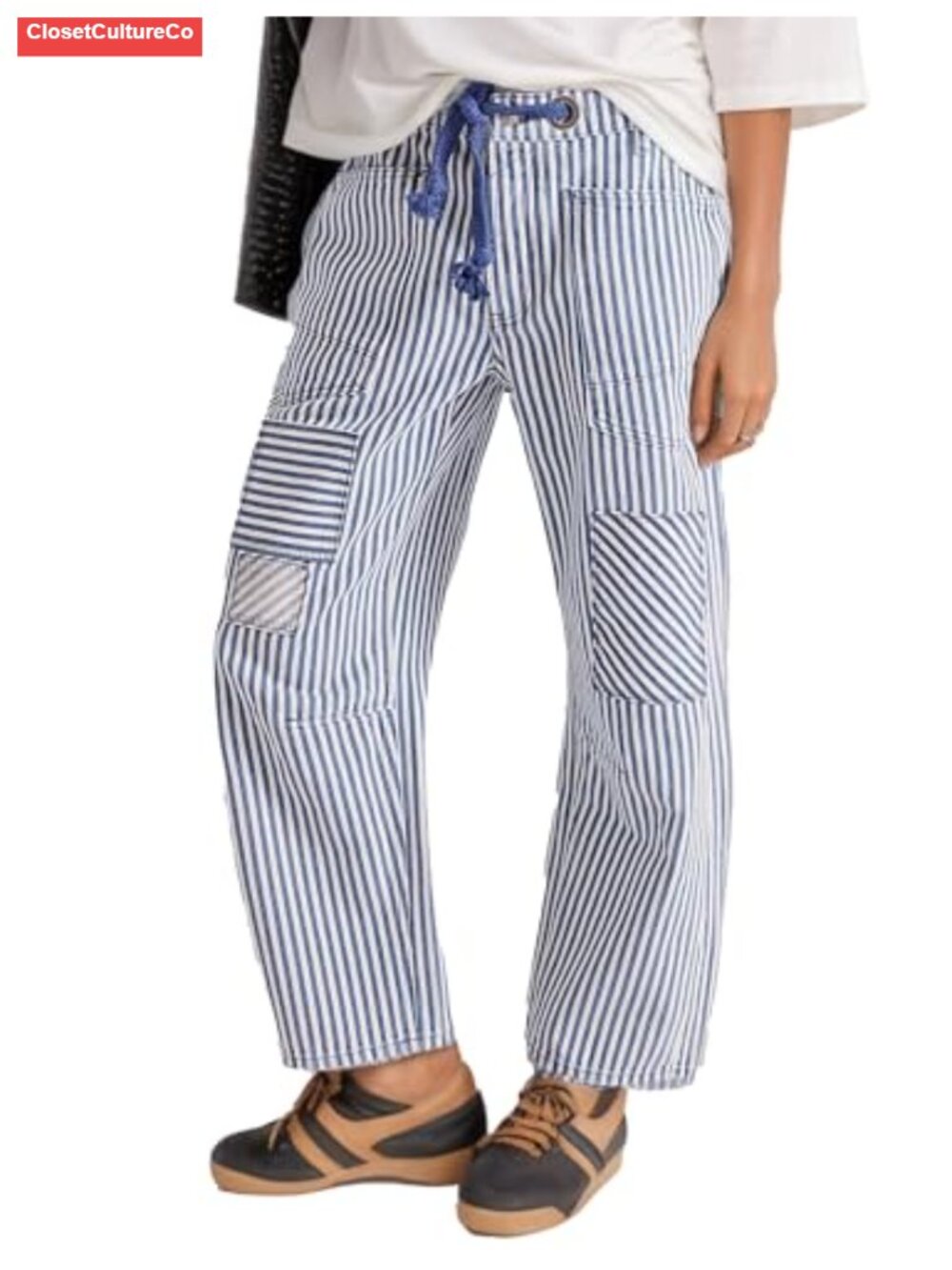 Barrel Jeans Mid Rise Striped Drawstring Patchwork Wide Leg Denim Pant
